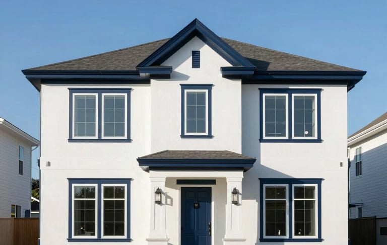 Professional architectural photography of a modern North American home. The house features a soft white facade with deep navy blue accents on the window frames and front door. It is set against a clear blue sky in a well-maintained neighborhood, conveying trust and reliability. Crisp, bright morning sunlight illuminates the scene.