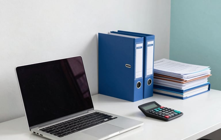 Photography of a professional South American / Brazilian accounting office interior in Santarém. A clean desk features a modern laptop, organized tax folders, and a calculator. The atmosphere is trustworthy and bright, with subtle accents of steel blue and light cyan in the decor.