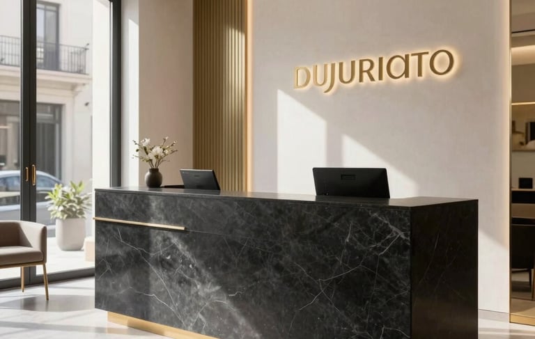 Photography of the interior of a luxury real estate agency in Spain. The scene features a sleek reception desk made of dark slate stone, polished light grey floors, and minimalist furniture. Soft sunlight filters through large windows. Decorative gold accents on the wall create a sophisticated and professional atmosphere. European / Spanish style.
