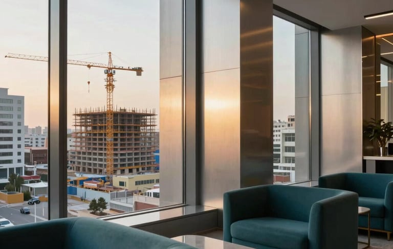 A professional photography shot of a modern architectural office in a Middle Eastern / Anatolian city center. Large windows reveal a construction site with cranes in the distance. The interior features silver sage walls and deep teal furniture, with warm golden sunset light streaming through. High-end, professional atmosphere.