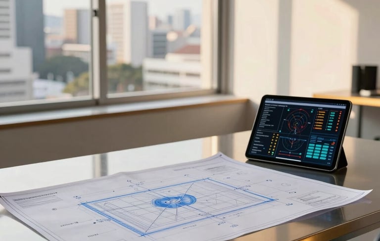 A professional, minimalist engineering workspace in a South American / Brazilian city. The shot features a modern desk with steel blue technical blueprints and a tablet showing data visualizations. The lighting is bright and warm with gold accents, and a large window in the background reveals a blurred urban skyline. High-end architectural photography style.