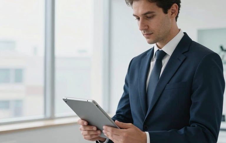 High-end clinical consultation room in Madrid, Spain, showcasing a professional workspace. A medical specialist in formal business attire holds a sleek tablet. The background is a bright, minimalist interior with large windows, featuring a palette of ice white, steel blue, and midnight navy. Sophisticated and trustworthy atmosphere, professional commercial photography.