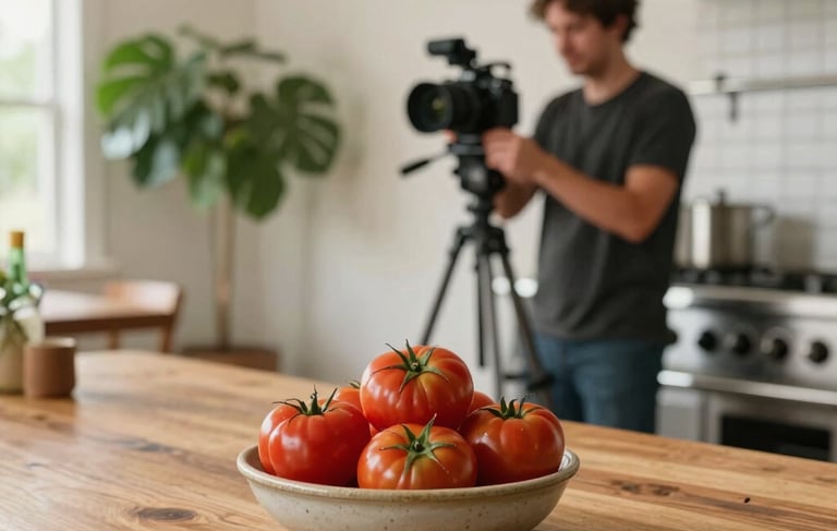 A professional photography shot of a sun-drenched North American farm-to-table restaurant kitchen. In the foreground, a rustic table in a warm wood tone holds a ceramic bowl of deep ripe crimson tomatoes. In the soft-focus background, a content creator is seen setting up a camera on a tripod. The space features crisp parchment walls and accents of matte forest green plants, creating a down-to-earth yet professional atmosphere.