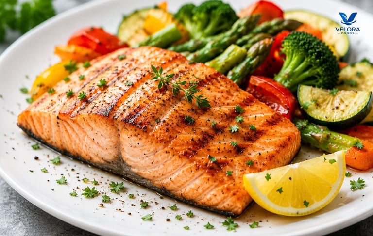 Grilled salmon served with steamed broccoli and a fresh mixed green salad.