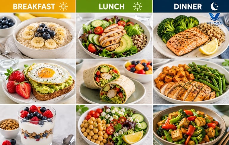 Nutritious breakfast, lunch, and dinner featuring whole foods, vegetables, lean protein, and grains.