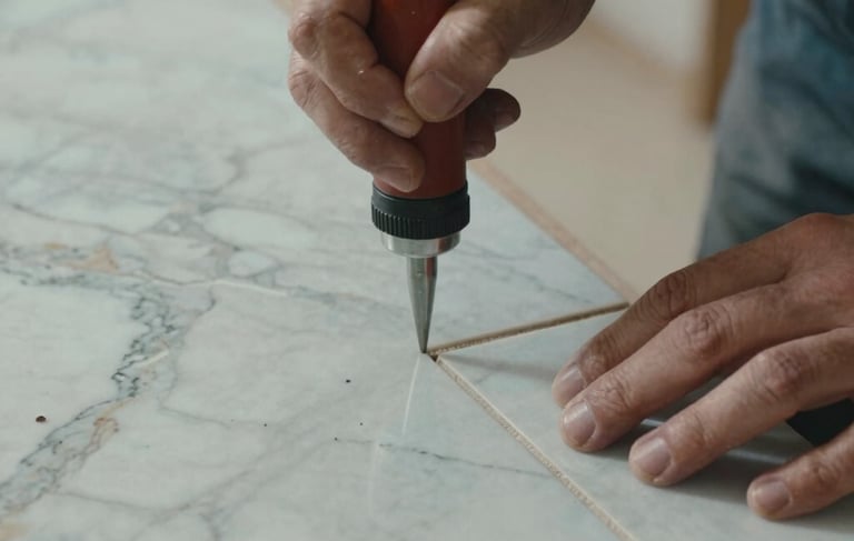 Close-up photography of a professional craftsman in Europe Centrale / France, using a precision suction tool to lay a massive marble-effect porcelain slab. The lighting is soft and natural, highlighting the matte texture of the tile and the meticulous grout alignment. Muted Blue and Warm Brown tones dominate the palette.