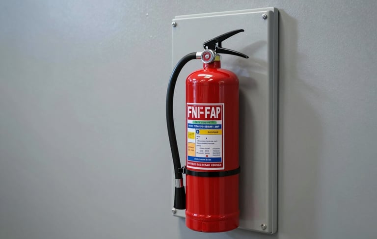 A clean, high-angle photograph of a modern red fire extinguisher and professional suppression control panel mounted on a neutral gray industrial wall in a North American facility. The lighting is crisp and even, highlighting the sleek design and reliability of the equipment. Modern corporate aesthetic.