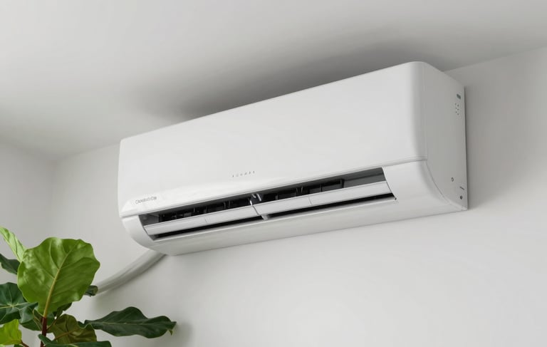 A close-up photograph of a modern air conditioning unit installed professionally on a clean white wall in a Central European home, soft natural light, vibrant green leaves of a houseplant in the corner for a touch of freshness.