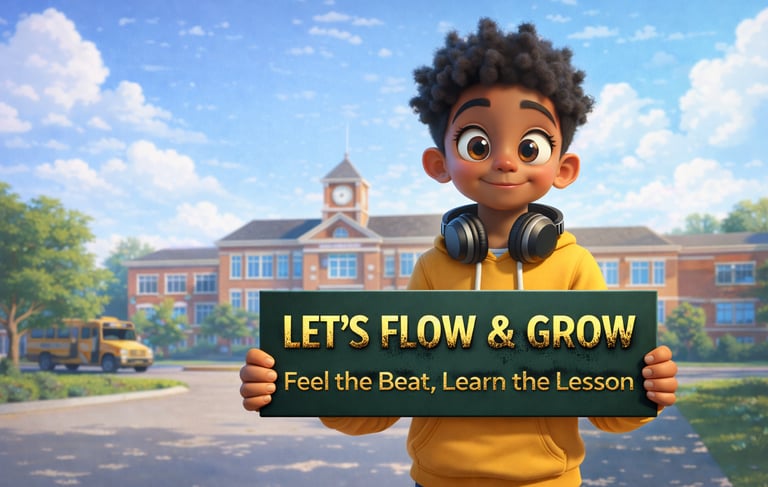Kevin from Let's Flow and Grow holding a brand sign in front of a school.