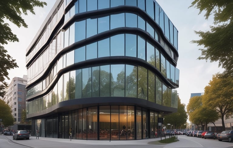 An artistic AI-generated image of a futuristic architectural project at sunset.