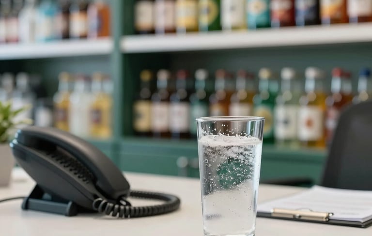A professional South American / Brazilian office setting for a beverage distribution company. A clean, modern desk with a telephone and a glass of refreshing sparkling water. In the background, blurred shelves showing organized beverage bottles. Natural bright lighting, with dark green and muted blue green accents.
