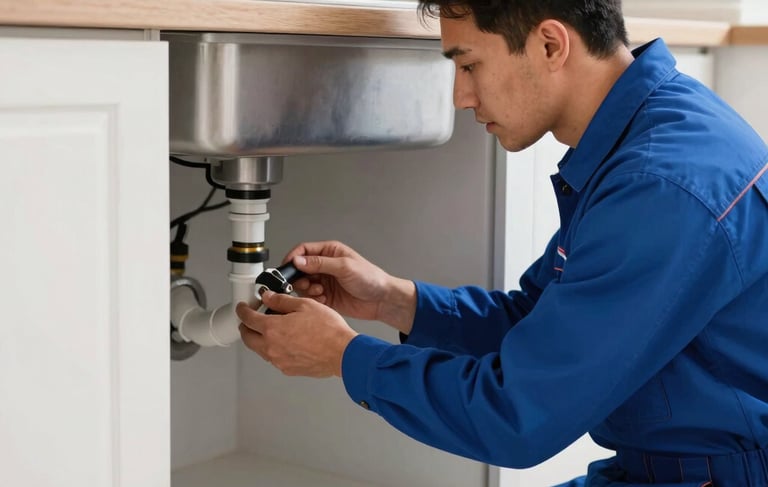 A professional plumber wearing a Deep Ocean Blue uniform inspecting pipes under a modern kitchen sink. The setting is a bright, clean, Middle Eastern / Turkish household. High-quality photography, natural soft lighting, emphasizing professional service and efficiency.
