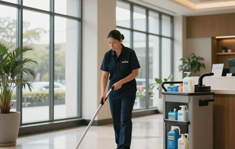 A bright, upscale North American commercial lobby with large windows and polished tile floors. A professional cleaner wearing a subtle dark navy uniform is visible in the background, near a modern cleaning cart with organized supplies. The lighting is soft and airy, highlighting a meticulously clean and hygienic environment. The scene feels modern and efficient.