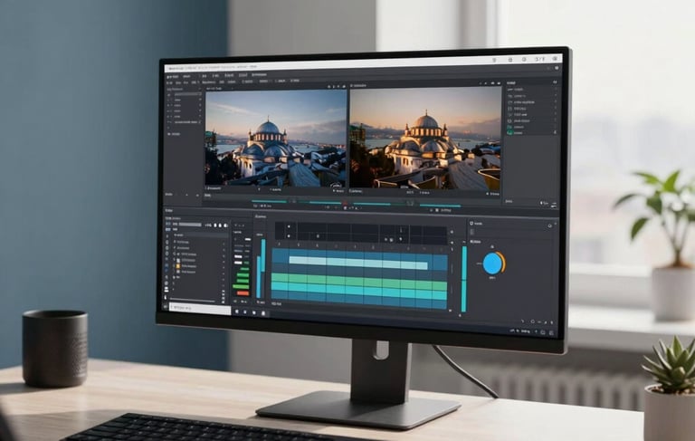 A sophisticated tech office in Istanbul, Turkey, with a modern desk setup. A high-resolution monitor shows professional video production tools with a sleek interface. The room is filled with soft natural light from a window, featuring a minimalist design with slate blue and off-white accents, reflecting a professional and innovative mood.