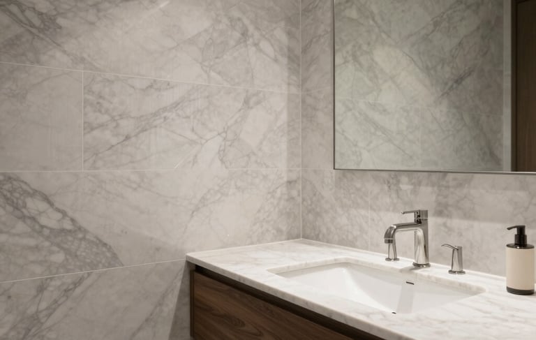 Architectural photography of a luxury bespoke bathroom interior in a Northern European home. Features high-end marble walls in soft gray and off-white, a minimalist dark wood vanity, and refined muted brown accents. The lighting is soft and natural, emphasizing the precise craftsmanship and understated luxury style.