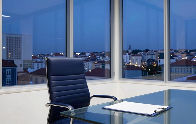 A high-end law office interior in Lisbon, European Portuguese setting. A view of a designer chair and a modern glass table with a single file folder. Large windows show the Lisbon skyline at dusk. Professional, trustworthy, and modern atmosphere. Dominant colors are navy blue and white.