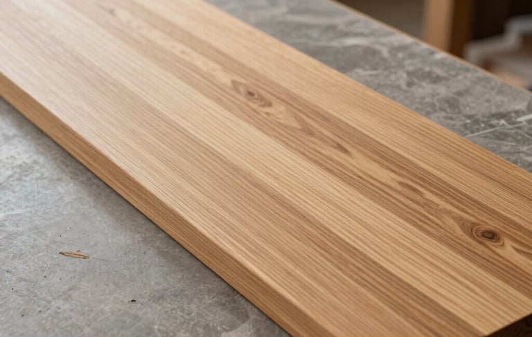 Photographie professionnelle d'un artisan menuisier européen travaillant dans un atelier de rénovation moderne. Composition épurée avec des finitions en bois de couleur golden wood et des surfaces gris ardoise. Éclairage naturel doux mettant en valeur la texture du bois et le savoir-faire de l'entreprise Espace Cornions.