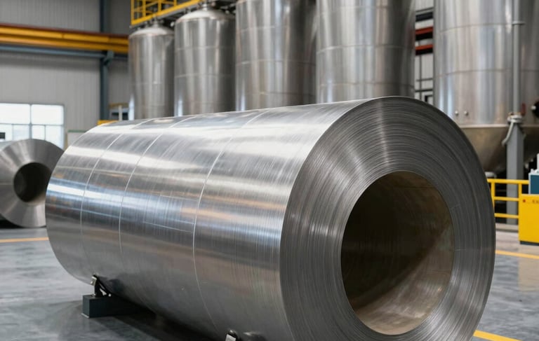 A professional wide-angle photography shot of a modern industrial facility in Mexico. High-quality rolled steel plates and large industrial tanks are visible in a clean workshop. The lighting is bright and clear, emphasizing metallic textures and industrial yellow accents against a dark grey floor.