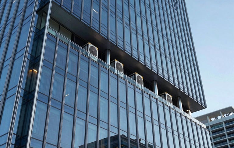 A high-end, futuristic office building in Miami at twilight with a sleek glass and silver steel facade. The lighting is deep blue and light cyan, highlighting the modern architecture. High-performance HVAC units are subtly integrated into the design, reflecting a sophisticated climate intelligence system.