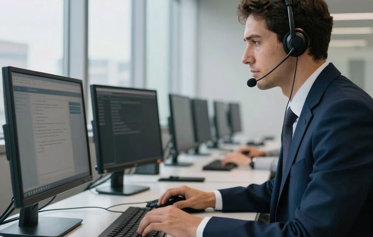 Professional photography of a modern corporate office interior in Brazil. The scene features a clean workstation with telecommunications headsets and screens, soft natural lighting from large windows, and a professional atmosphere using dark navy blue and platinum gray tones. South American / Brazilian setting.