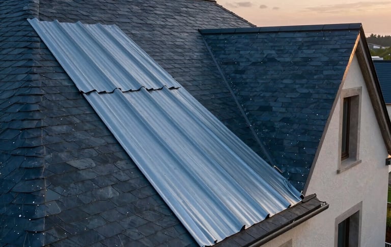 A professional architectural photograph of a high-quality slate and zinc roof on a French house. The shot is taken during the golden hour in a Western European / French residential area, highlighting the artisanal texture of the materials and precise installation. The palette uses deep dark blue and steel blue tones to emphasize durability and expertise.