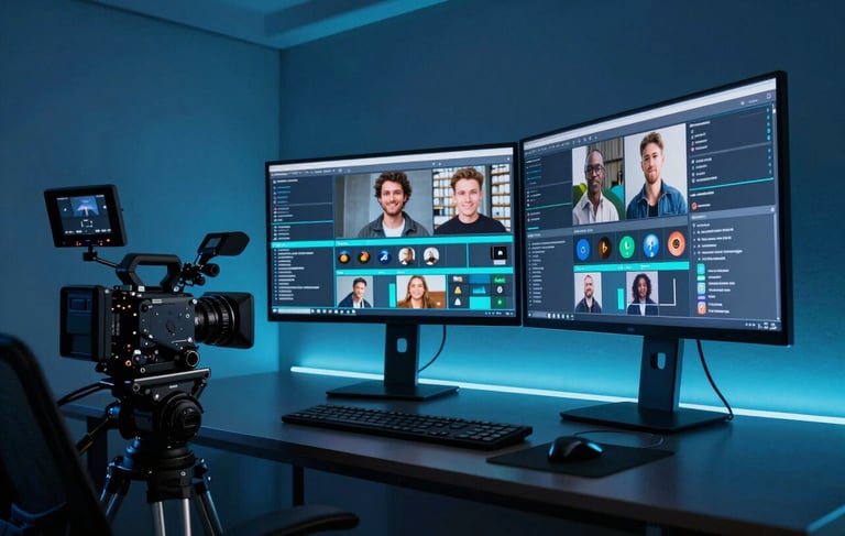 A high-end, minimalist digital production studio in São Paulo, Brazil. The scene features professional cinema cameras and large monitors showing social media engagement analytics. The room is bathed in cinematic dark blue and neon cyan lighting, exuding a futuristic and premium creative atmosphere.