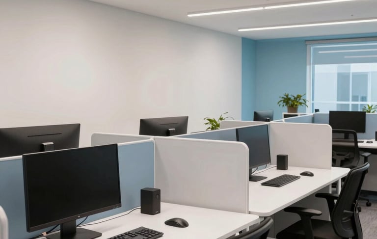 A high-end, modern architectural photograph of a software development studio in Kitchener. The scene features clean lines, off-white walls, and light blue accents. There are ergonomic workstations with sleek technology in a North American / Canadian professional setting. The lighting is bright, natural, and user-focused.
