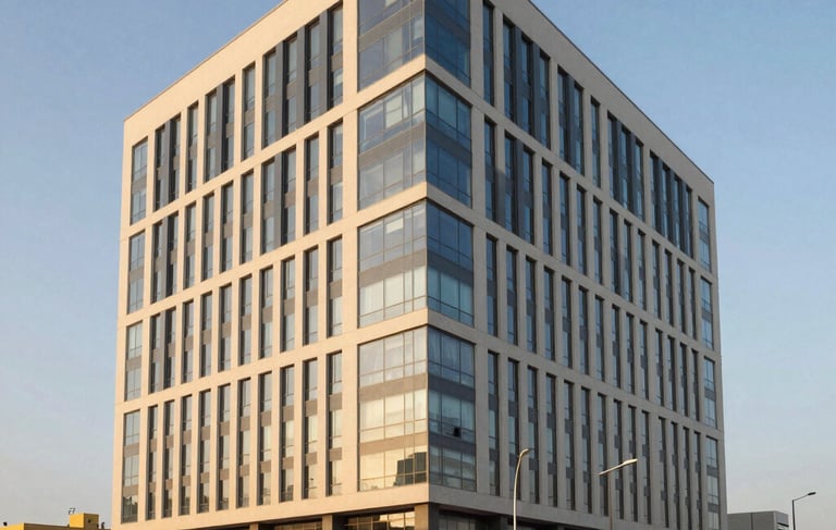 Professional architectural photography of a modern commercial office building in Abidjan, Riviera district. West African urban setting, ivory and slate blue building facade, soft golden hour lighting, sophisticated atmosphere.