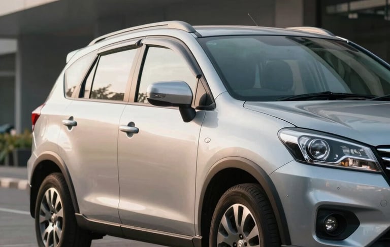 A high-quality professional photograph of a silver Suzuki XL7 parked in a modern minimalist Southeast Asian / Indonesian urban setting. The lighting is soft morning sunlight, emphasizing the vehicle's curves and white and light blue sky reflections on the windows.