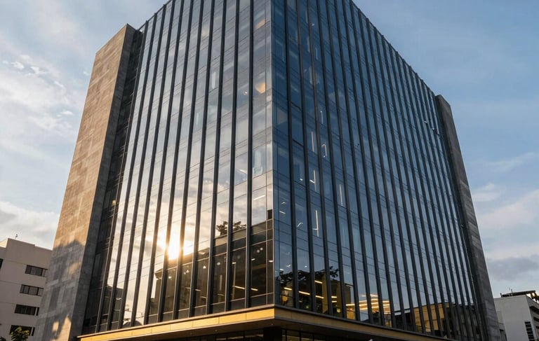A wide photography shot of a modern, luxury corporate office building in Bogotá, Colombia, with a sleek glass facade reflecting the morning sun, professional atmosphere, navy blue and gold ambient tones.