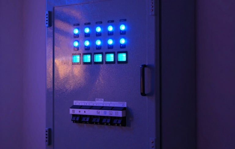 Professional photography of a high-tech electrical control panel in a modern South American home, with glowing blue and cyan status lights, reflecting a secure and advanced technological environment, dark blue and purple ambient lighting.