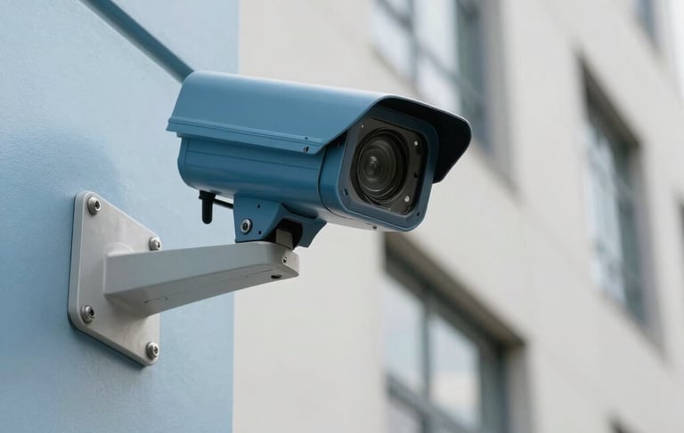 Professional photography of a technician inspecting a high-tech surveillance camera on a clean building facade in a North American / US urban setting. The composition is a close-up with a shallow depth of field. Lighting is bright, natural daylight. The color palette features steel blue equipment against pale blue and off-white walls, emphasizing a reliable and expert service mood.