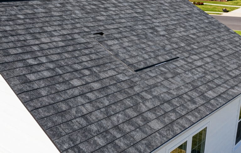 A professional high-angle photograph of a newly installed charcoal gray asphalt shingle roof on a modern suburban North American home. The sun is shining brightly, showing the crisp edges and quality craftsmanship. The house has clean white siding and the scene is set in a well-manicured New Jersey neighborhood.