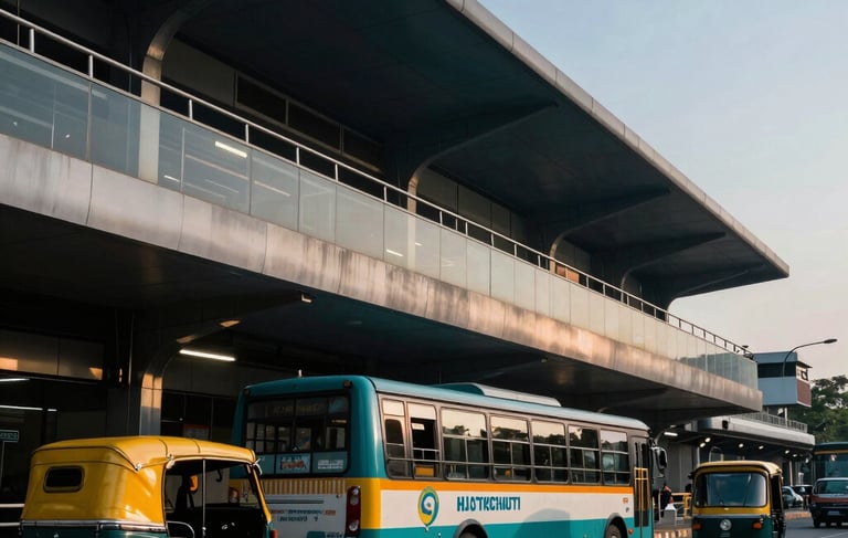 A professional South Asian / Indian urban street scene during the evening golden hour, featuring a modern transit hub with vibrant bus and auto-rickshaw branding. The photography style is sleek and dynamic, with architectural lighting in deep navy and soft teal tones against a clear blue-grey sky.