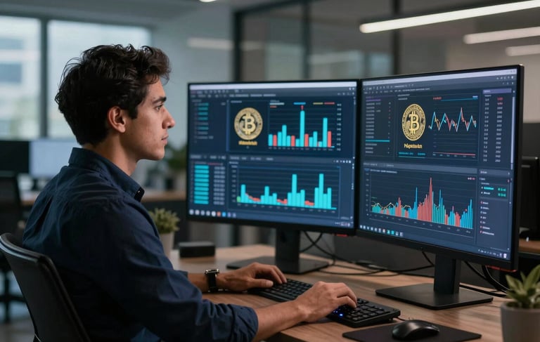 A sophisticated digital entrepreneur in a modern Latin American office, looking at high-resolution screens displaying cryptocurrency trends and AI analytical charts. The lighting is soft and cinematic with deep navy and blue accents, reflecting a professional and innovative atmosphere.