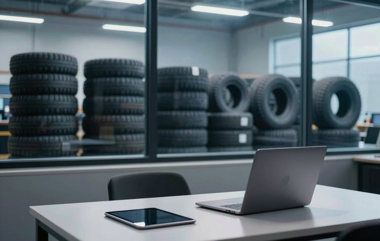 A professional photography shot in a North American logistics hub featuring a modern warehouse office. Through a large window, stacks of tires are visible in the background, neatly organized. The foreground shows a clean desk with a laptop and tablet. The lighting is crisp and business-like, emphasizing a professional color palette of charcoal navy and muted steel blue.