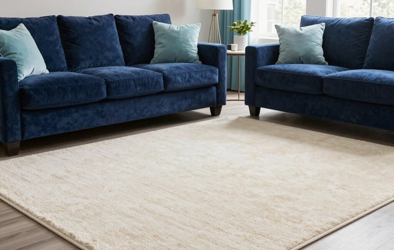 A high-end, modern North American living room showcasing a pristine, perfectly cleaned cream-colored area rug. The setting includes navy blue velvet furniture, soft cyan decorative accents, and bright natural light streaming through large windows. The overall composition is professional and clean.
