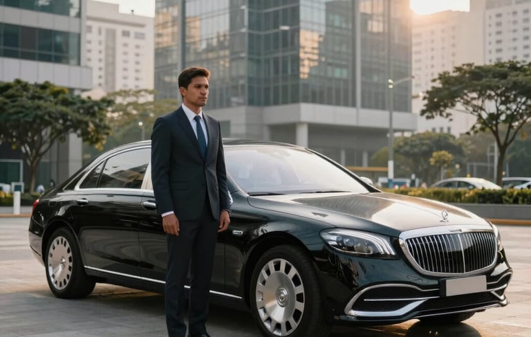 A professional chauffeur in a crisp suit standing beside a luxury black sedan. The car is parked in a clean, modern South American / Brazilian urban plaza with tall glass buildings. Soft morning light, professional and comfortable atmosphere, premium car rental vibe.