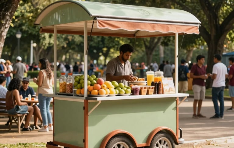 A clean, modern mobile food cart parked in a sunny, tree-lined Brazilian park. The cart is painted in soft green and terracotta colors, featuring fresh fruit and healthy snacks. People in South American casual attire are gathered nearby in a relaxed, communal atmosphere. Bright, warm morning sunlight.