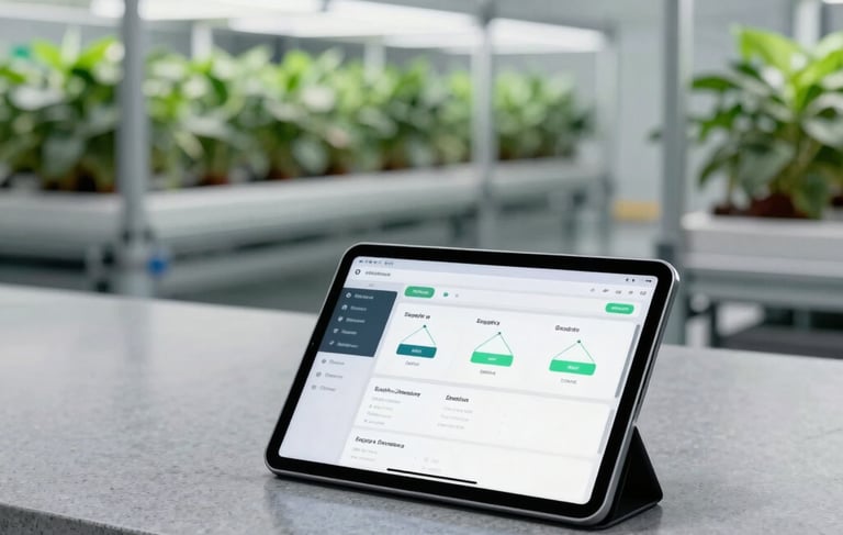 A high-tech, minimalist North American research facility with a view of an automated indoor farm. In the foreground, a sleek digital tablet rests on a polished gray stone surface, displaying a clean supply chain interface. The lighting is soft and professional, using a palette of sage gray and forest green accents.