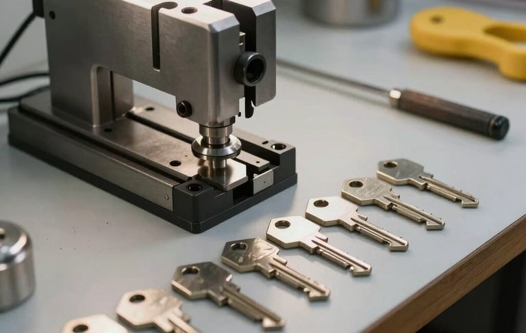 Close-up photography of a professional locksmith workshop in a South American / Brazilian setting. Bright industrial lighting reflects on metallic key-cutting tools and organized rows of blank keys on a light gray workbench. Modern and clean atmosphere.