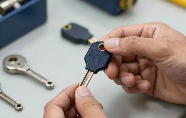 Macro photography of a professional locksmith's hands carefully assembling a modern automotive flip key on a clean workbench. The setting is a professional locksmith shop in a South American / Brazilian city like Guarulhos. The lighting is bright and clean, with a modern and reliable feel. High-quality precision tools are visible in the soft-focus background. The image uses a palette of navy blue and gold.