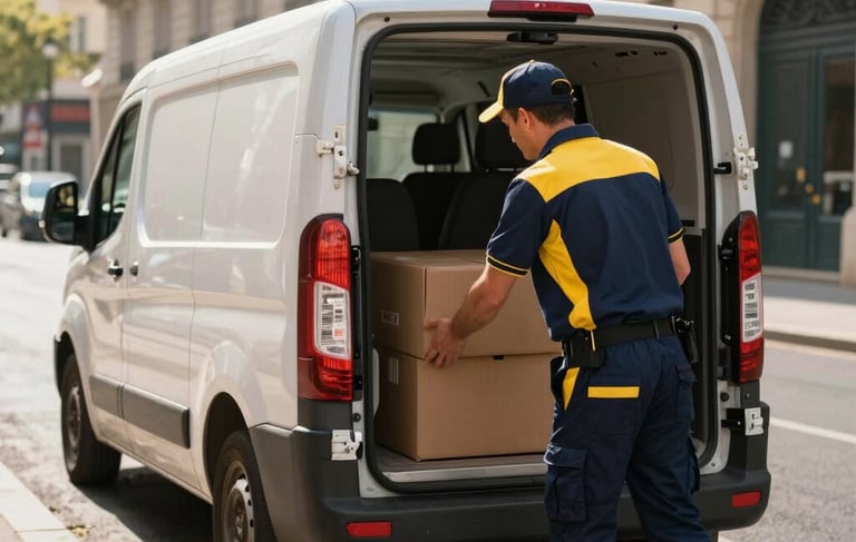 A professional courier in a navy blue and gold yellow uniform loading a delivery van on a clean street in Paris, France. Morning sunlight, modern logistics atmosphere, high-quality professional photography focusing on reliability and efficiency.