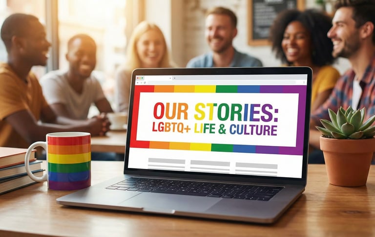 Laptop screen showing Flamingay blog page titled Our Stories, Our Pride