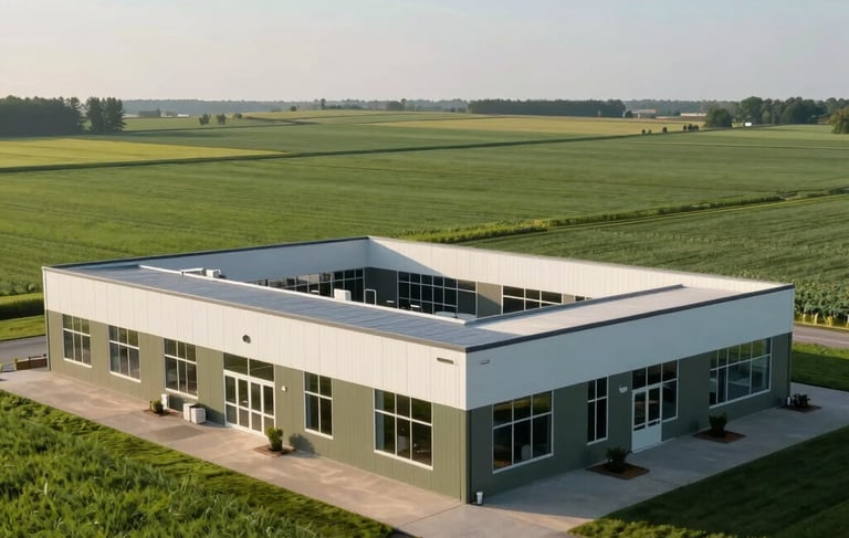 Professional high-angle photography of a clean, modern agricultural business office located in the North American / US Midwest. The background shows vast, productive green fields under a clear morning sky. The lighting is bright and crisp, highlighting a professional and reliable environment with palette colors including muted olive and off-white.