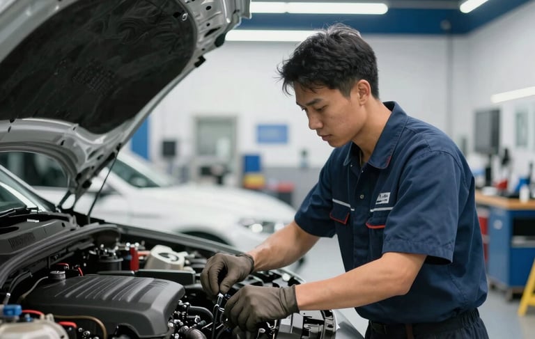 Clean, highly organized, and modern auto repair shop interior in North America. A professional mechanic in a neat uniform is working diligently on a vehicle engine. Bright overhead lighting with dark blue and white color palette elements reflecting technical expertise and trustworthiness.