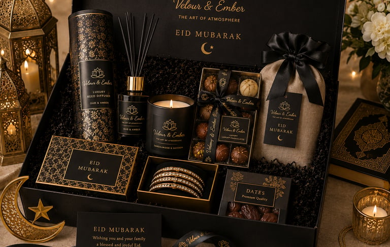 Luxury Eid Mubarak gift hamper featuring a scented candle, reed diffuser, gourmet chocolates, and dates in elegant black and