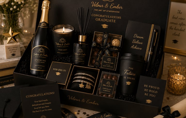 Luxury black and gold graduation gift basket with sparkling wine, scented candle, chocolates, and notebook.