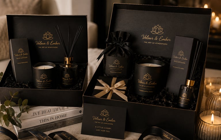 Luxury Velour and Ember home fragrance gift sets featuring scented candles and reed diffusers in elegant black boxes.