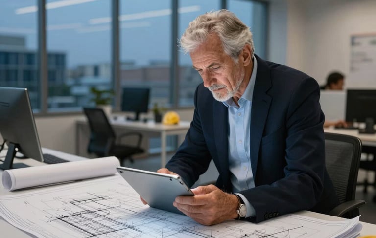 A senior construction estimator reviewing a complex CAD blueprint on a large digital tablet in a modern, sunlit architectural office.